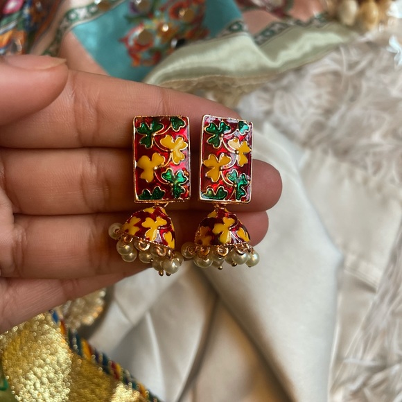 Red Jhumki - Earrings - Picture 2 of 7